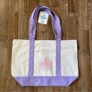2026 NWT Trader Joes Lavender Pink Canvas Embroidered Shopping Reusable Tote Bag